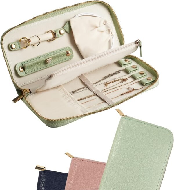 Travel Jewelry Organizer Case - for Tangle-Free Necklaces, Earrings, Rings, Bracelets Storage, Travel Essentials, Fashion Portable Jewelry Travel bags for Women - Medium Macaron Green - Image 2
