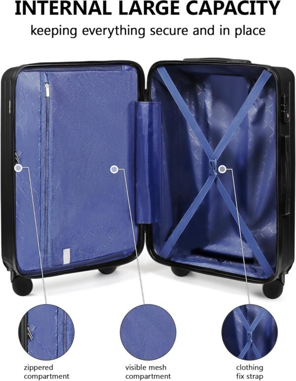 3 Piece Luggage Set, Hardside Lightweight Suitcase Sets with Spinner Wheels (20inch/24inch/28inch, Black) - Image 8