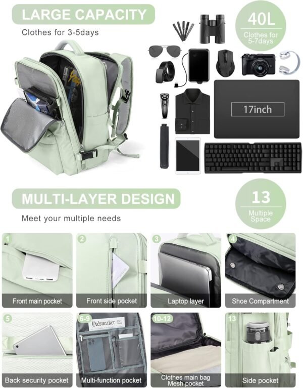 Travel Backpack for Women Men,Laptop Carry on Backpack Airline Approved,Personal Item Size Gym Hiking Backpack Weekender Casual Daypack Backpack Waterproof Bag with Shoe Compartment,Mint Green - Image 8