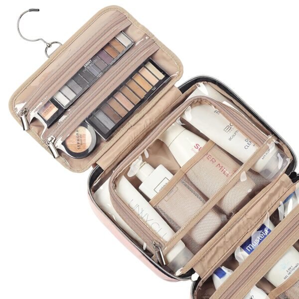 NISHEL Travel Toiletry Bag for women, Portable Hanging Organizer for Travel-Sized Shampoo, Conditioner, Brushes Set, makeup Accessories, Medium Size, Pink - Image 5
