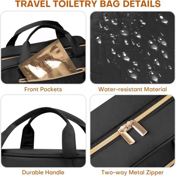 Women's Travel Toiletry Bag - Hanging Makeup Organizer for Accessories, Shampoo, Full-size Containers, Toiletries - Medium Black - Image 7