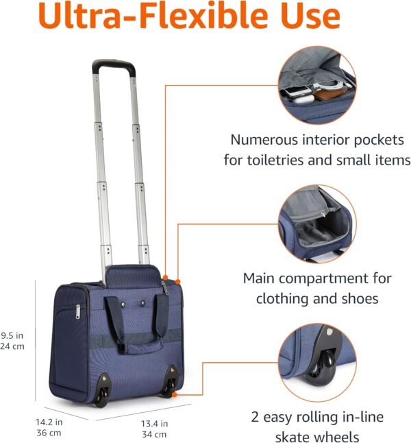 Amazon Basics Underseat Carry-On Rolling Travel Luggage Bag, 14 Inches, Navy Blue - Image 3