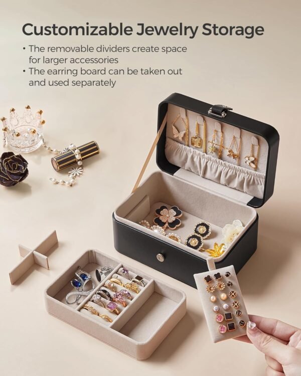 SONGMICS Jewelry Box, Travel Jewelry Case, 2-Layer Jewelry Holder Organizer, 4.6 x 6.3 x 3 Inches, Portable, Versatile Earring Storage, for Larger Accessories, Gift Idea, Ink Black UJBC166B01 - Image 6