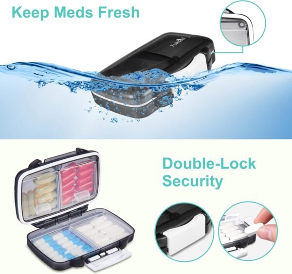 Fullicon 2 Pack Travel Pill Organizer, 4 Compartments Portable Pill Case, Moisture Proof Small Pill Box with Labels, Travel Pill Case with Double Lock, Pocket Pharmacy for Vitamin D3 (Black) - Image 3