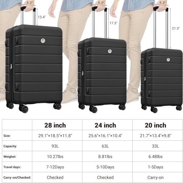 Classic Light Weight Hardside Expandable Spinner Wheels Luggage Suitcase W/TSA Lock, Black, 3 Piece Set - Image 3