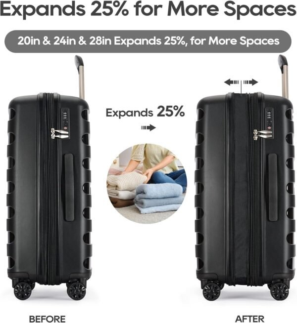 PP material 3-piece expandable luggage sets with Spinner Wheels， Suitcase with TSA Lock，Large Luggage for Family Travel carry on 20/24/28，Black color - Image 4