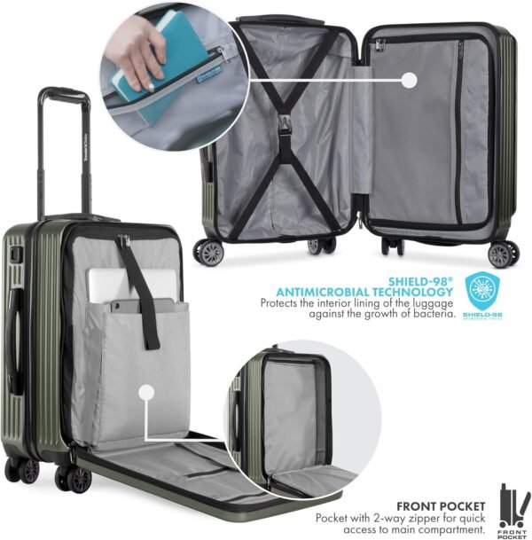Traveler's Choice Mykel Front Pocket Polycarbonate Hardside Suitcase with Sleeve and Ergonomic Handle, Green, Carry-On 22-Inch - Image 4