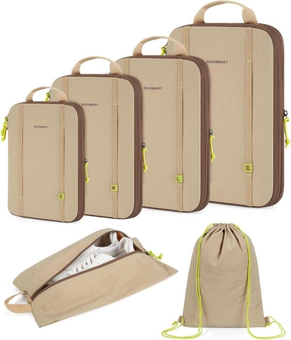 BAGSMART Compression Packing Cubes, 6 PCS Water-Resistance Packing Cubes for Travel, Packing Cubes for Suitcases, Lightweight Luggage Packing Cubes for Travel Essentials, Khaki - Image 2