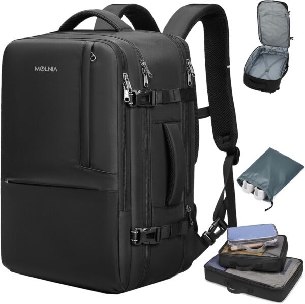 MOLNIA 50L Expandable Travel Backpack for Men Women, Carry On Backpack Airline Approved, Suitcase Backpack with Packing Cubes, Water Resistant Luggage Backpack Daypack Weekender Bag, Black - Image 2