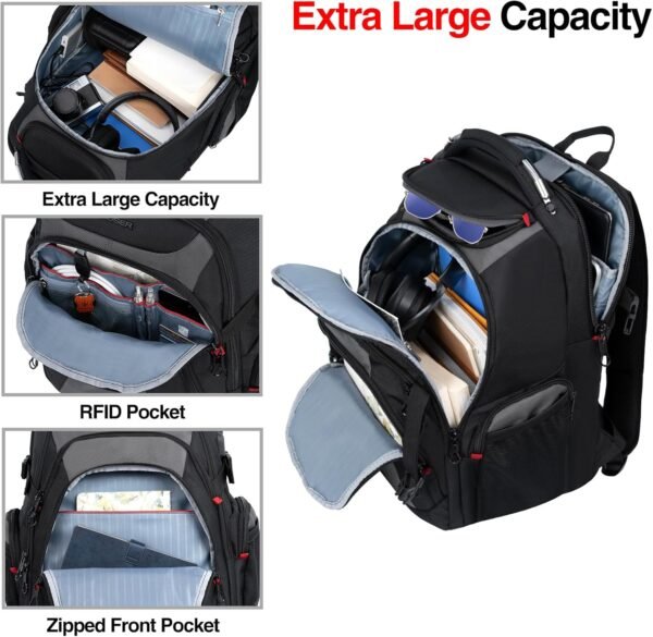 KROSER Travel Laptop Backpack 17.3 Inch XL Computer Backpack with Hard Shell Saferoom RFID Pockets Water-Repellent Business College Daypack Stylish Bag for Men/Women-Black Grey - Image 5