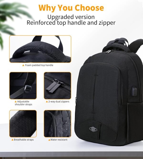 Zecti Black Travel Laptop Backpack for Men Women Durable Carry on Backpack for Work, Travel, College Backpack with USB Charging Hole, Water Resistant, Large Capacity - Image 3