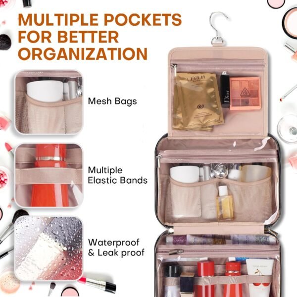 Women's Travel Toiletry Bag - Hanging Makeup Organizer for Accessories, Shampoo, Full-size Containers, Toiletries - Medium Black - Image 6