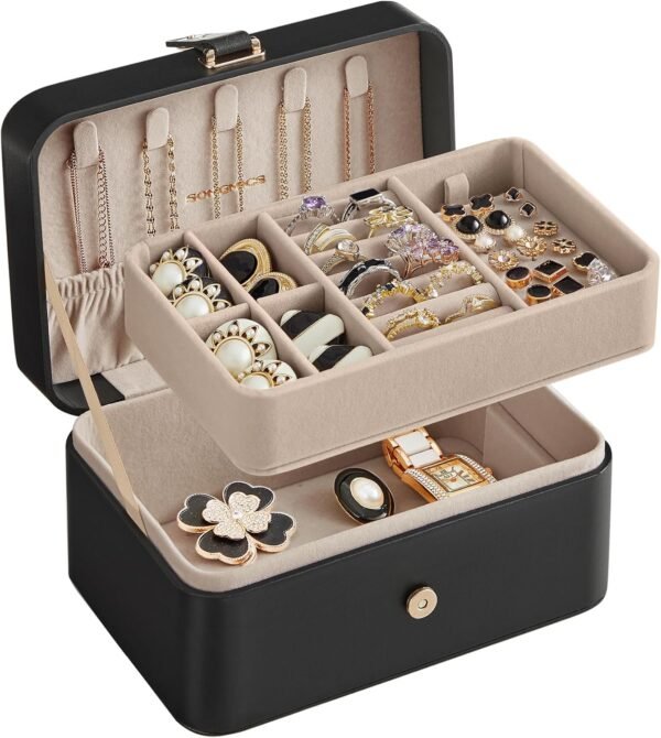 SONGMICS Jewelry Box, Travel Jewelry Case, 2-Layer Jewelry Holder Organizer, 4.6 x 6.3 x 3 Inches, Portable, Versatile Earring Storage, for Larger Accessories, Gift Idea, Ink Black UJBC166B01 - Image 2