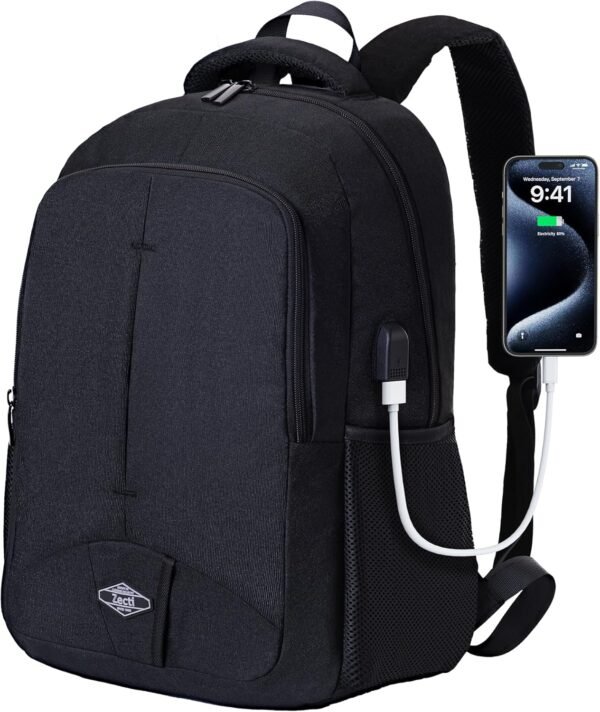 Zecti Black Travel Laptop Backpack for Men Women Durable Carry on Backpack for Work, Travel, College Backpack with USB Charging Hole, Water Resistant, Large Capacity - Image 2