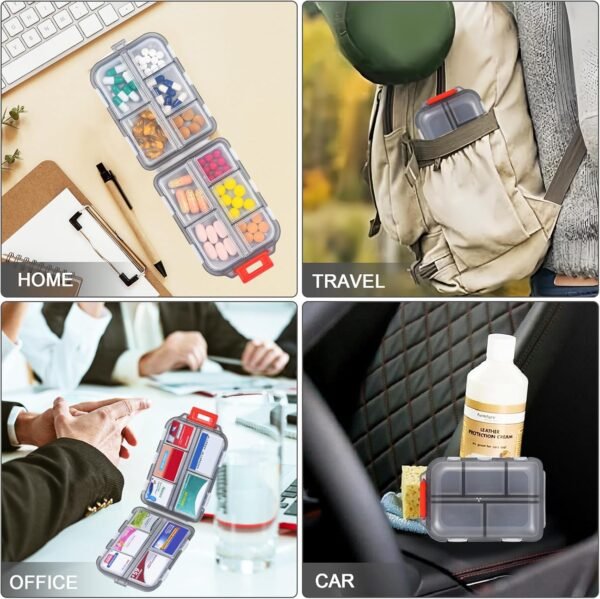 1Pack Travel Pill Organizer with 189 Medicine Label, 10 Compartments Small Pill Case Compact and Portable Travel Pill Box for Airplane Car Purse Nurse Vacation Essentials (Gray) - Image 7
