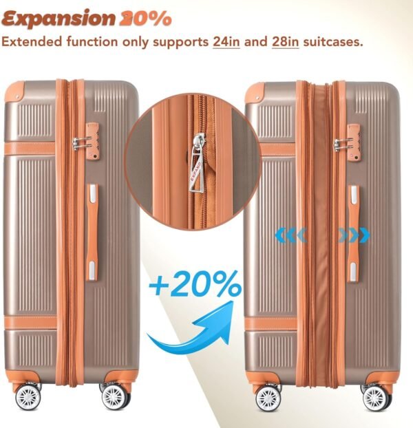 Merax Hardside Rugged Travel Suitcase Luggage with 8 Spinner Wheels, Collision-Protection Angle, 3-Piece Set, TSA Lock, Expandable, Carry-On Luggage (20/24/28, Coppery) - Image 6