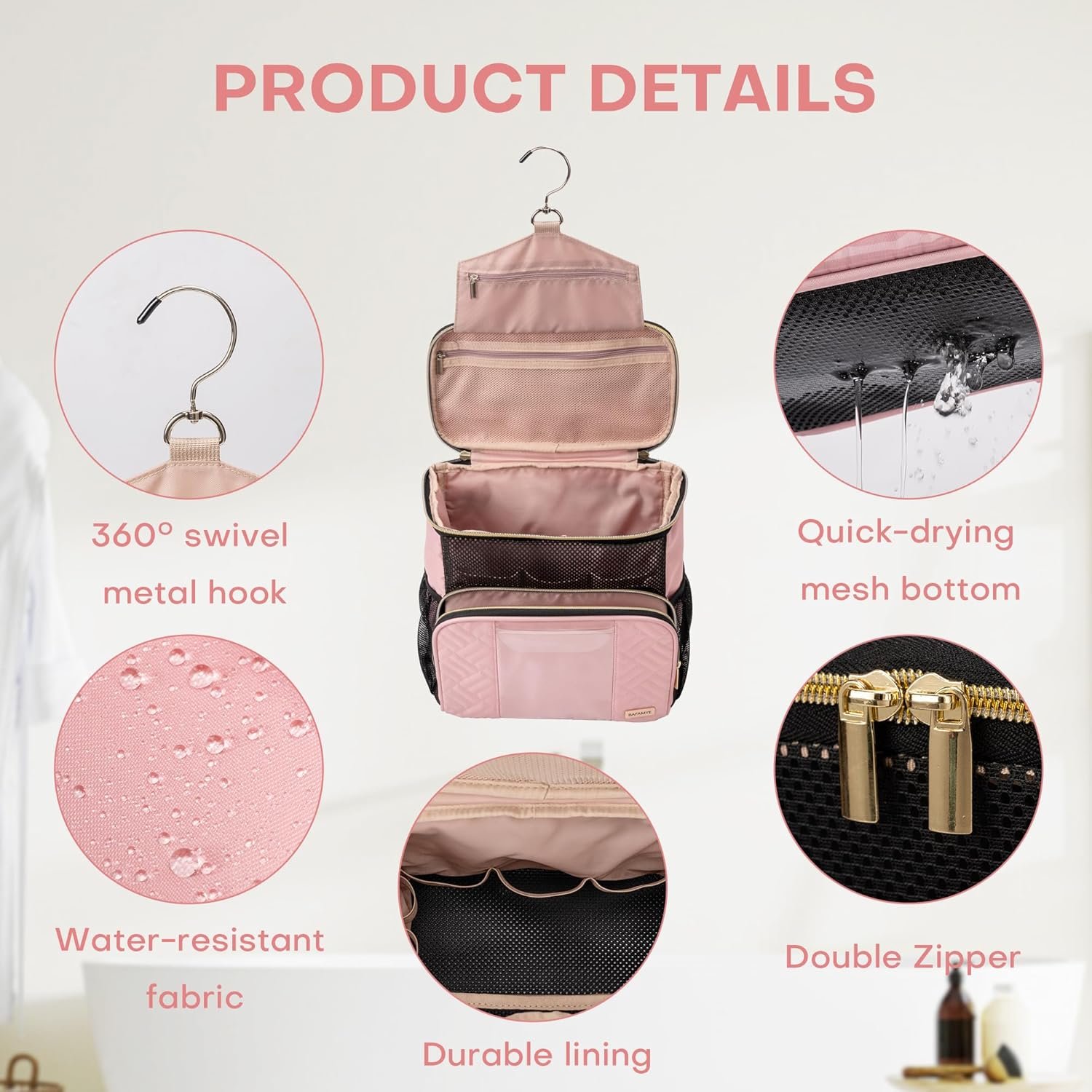 Women's Hanging Travel Toiletry Bag - Large, Durable, Multipurpose and TSA Approved for the Modern Traveling Woman, Pink - Image 6