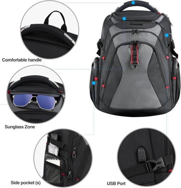 KROSER Travel Laptop Backpack 17.3 Inch XL Computer Backpack with Hard Shell Saferoom RFID Pockets Water-Repellent Business College Daypack Stylish Bag for Men/Women-Black Grey - Image 4