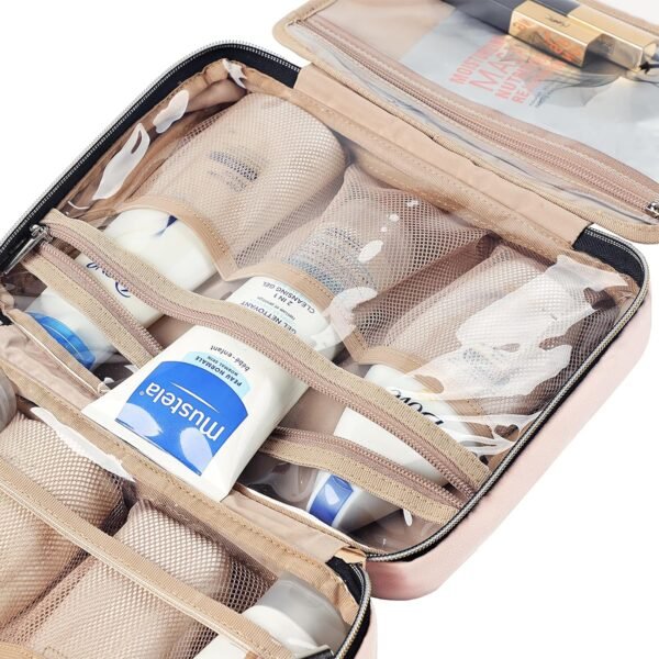NISHEL Travel Toiletry Bag for women, Portable Hanging Organizer for Travel-Sized Shampoo, Conditioner, Brushes Set, makeup Accessories, Medium Size, Pink - Image 7