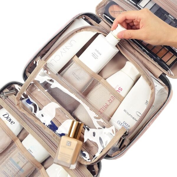 NISHEL Travel Toiletry Bag for women, Portable Hanging Organizer for Travel-Sized Shampoo, Conditioner, Brushes Set, makeup Accessories, Medium Size, Pink - Image 6