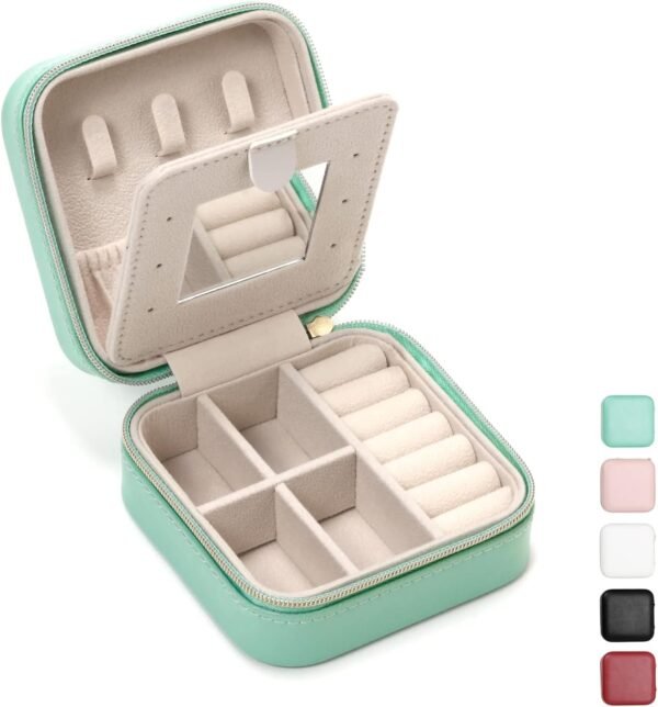 Jewelry Travel Case with Mirror,Small Travel Jewelry Organizer, Portable Jewelry Box Travel Mini Storage Organizer Portable Display Storage Box for Rings Earrings Necklaces (Blue) - Image 2