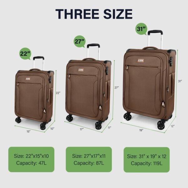 3Pcs Coffee Luggage Sets,Softside Expandable Lightweight Durable Suitcase Sets w/TSA Lock & Double Spinner Wheels(20in/28in/30in) - Image 7
