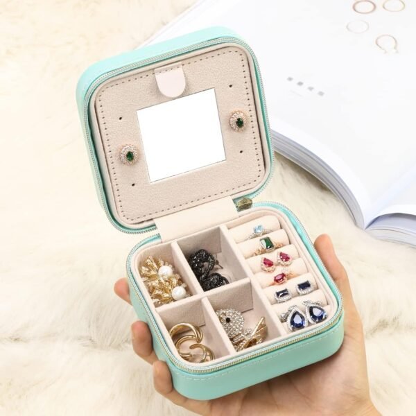 Jewelry Travel Case with Mirror,Small Travel Jewelry Organizer, Portable Jewelry Box Travel Mini Storage Organizer Portable Display Storage Box for Rings Earrings Necklaces (Blue) - Image 3