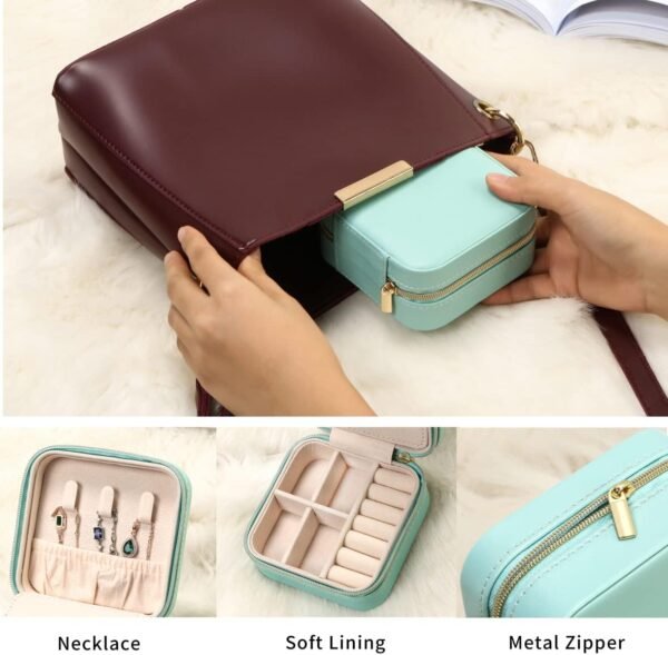 Jewelry Travel Case with Mirror,Small Travel Jewelry Organizer, Portable Jewelry Box Travel Mini Storage Organizer Portable Display Storage Box for Rings Earrings Necklaces (Blue) - Image 5