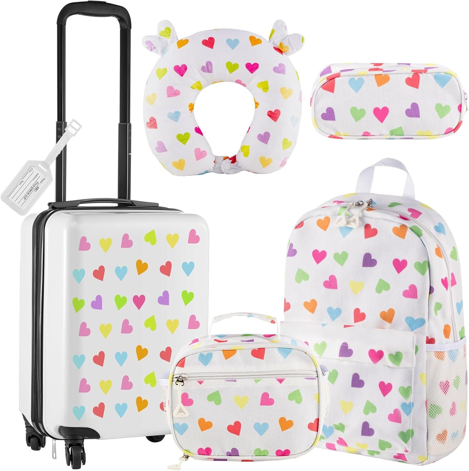 Redbaker 6 Pcs Kids Luggage Set 17 Inch Kids Rolling Luggage Double Pattern Suitcase for Girls Boys Christmas Gift(White,Love Style) - Image 2
