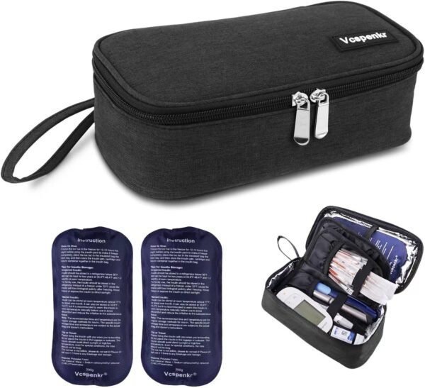 Insulin Cooler Travel Case, Diabetic Medicine Carrying Bag with 2 * 200g Ice Packs, Large Capacity Insulated Organizer Medication Cooler Bag for Insulin Pens and Diabetes (Black) - Image 2