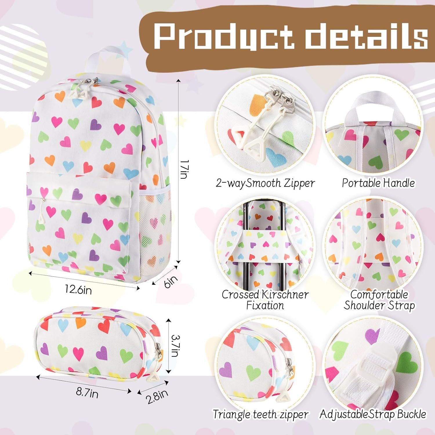 Redbaker 6 Pcs Kids Luggage Set 17 Inch Kids Rolling Luggage Double Pattern Suitcase for Girls Boys Christmas Gift(White,Love Style) - Image 5