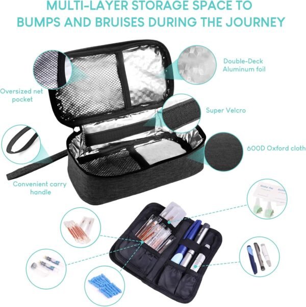 Insulin Cooler Travel Case, Diabetic Medicine Carrying Bag with 2 * 200g Ice Packs, Large Capacity Insulated Organizer Medication Cooler Bag for Insulin Pens and Diabetes (Black) - Image 6