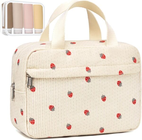 Makeup Bag for Women Girls Cute Corduroy Travel Cosmetic Tote Large Make Up Organizer Toiletry Bags Zipper Pouch Purse+Split Bottle - Image 2