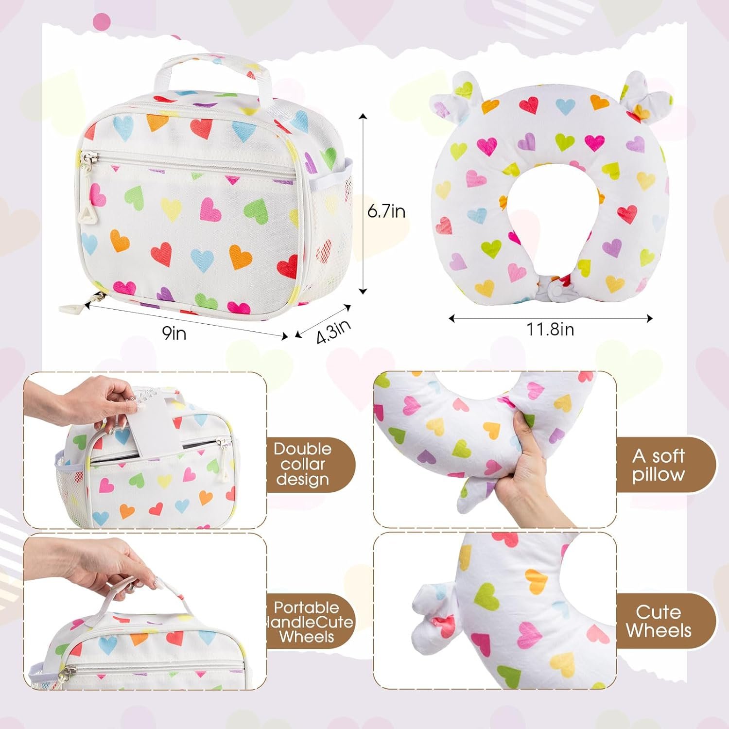 Redbaker 6 Pcs Kids Luggage Set 17 Inch Kids Rolling Luggage Double Pattern Suitcase for Girls Boys Christmas Gift(White,Love Style) - Image 6