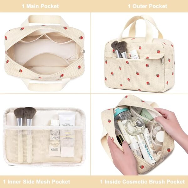 Makeup Bag for Women Girls Cute Corduroy Travel Cosmetic Tote Large Make Up Organizer Toiletry Bags Zipper Pouch Purse+Split Bottle - Image 5