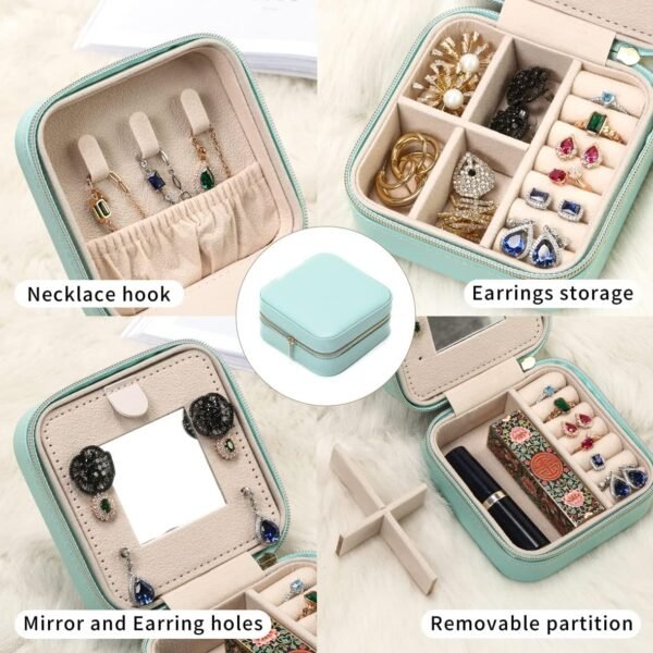 Jewelry Travel Case with Mirror,Small Travel Jewelry Organizer, Portable Jewelry Box Travel Mini Storage Organizer Portable Display Storage Box for Rings Earrings Necklaces (Blue) - Image 6