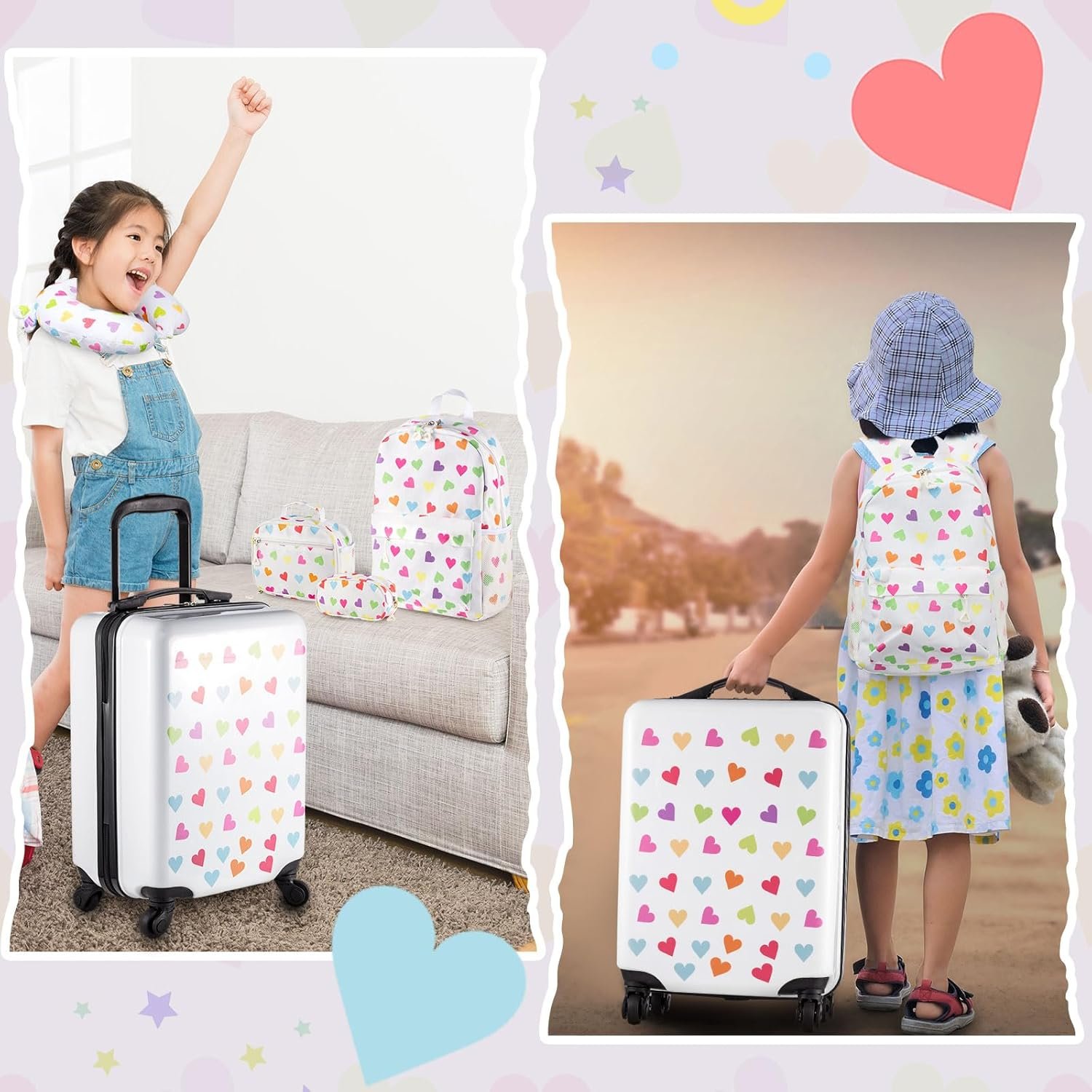 Redbaker 6 Pcs Kids Luggage Set 17 Inch Kids Rolling Luggage Double Pattern Suitcase for Girls Boys Christmas Gift(White,Love Style) - Image 7