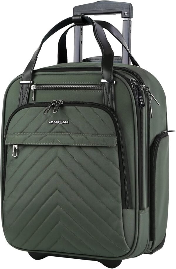 VANKEAN Carry On Underseat 16-inch Multi-functional Underseater Lightweight Overnight Suitcase with Wheels, Roller Case for Men Women Travel Business, Army Green - Image 2