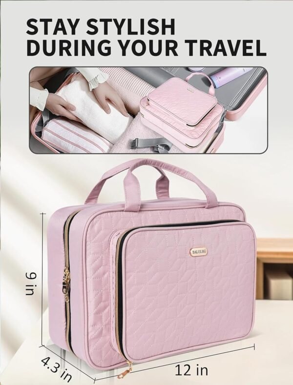 Pink Toiletry Bag Travel with Hanging Hook, Water-resistant Cosmetic Makeup Bag Organizer for Shampoo, Full Sized Container, Toiletries - Image 5