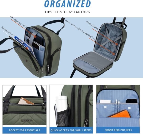 VANKEAN Carry On Underseat 16-inch Multi-functional Underseater Lightweight Overnight Suitcase with Wheels, Roller Case for Men Women Travel Business, Army Green - Image 5