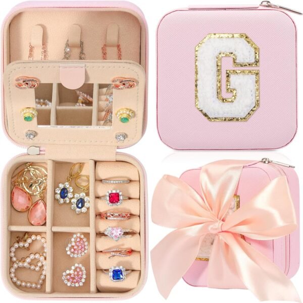CHMI Travel Jewelry Case, Pink Travel Jewelry Box, Travel Jewelry Organizer, Travel Gifts for Women Girls, Jewelry Organizer Box, Birthday Gifts for Women, Christmas Gifts for Teens Girls - Initial G - Image 2