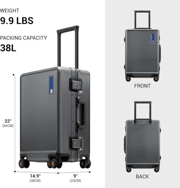 LEVEL8 Zipperless Carry On Luggage Airline Approved with Aluminum Frame, Lightweight Hard Shell Suitcase with Spinner Wheels, Metal Checked Luggage with Double Tsa Locks, 20 Inch, Grey - Image 9