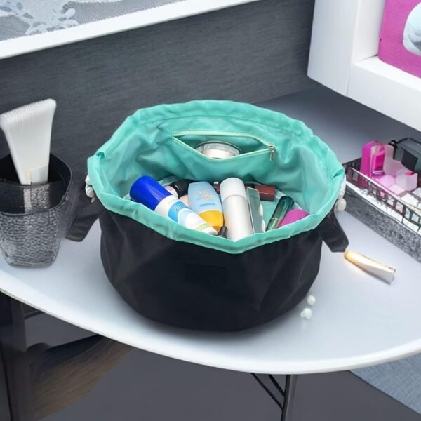 Large Barrel Drawstring Makeup Bag Travel Cosmetic Bag for Women - Portable Make Up Organizer Bag for Skin Care & Toiletries with Brush Holder & Pouch (Black) - Image 7