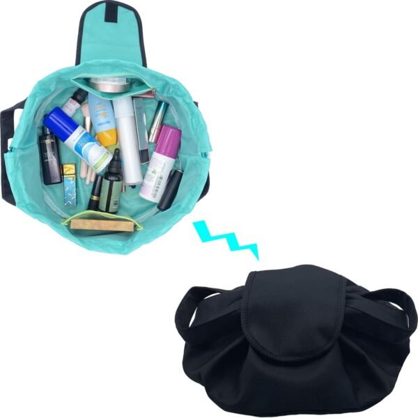 Large Barrel Drawstring Makeup Bag Travel Cosmetic Bag for Women - Portable Make Up Organizer Bag for Skin Care & Toiletries with Brush Holder & Pouch (Black) - Image 3