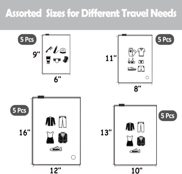 (20 pcs Value Pack) Travel Luggage Organizer Bags, Assorted Sizes, 4Mil Resealable Slider Zip Plastic Clothing Packaging, Frosted Travel/Home Storage and organizing Pouches, Space Saver Bag - Image 3