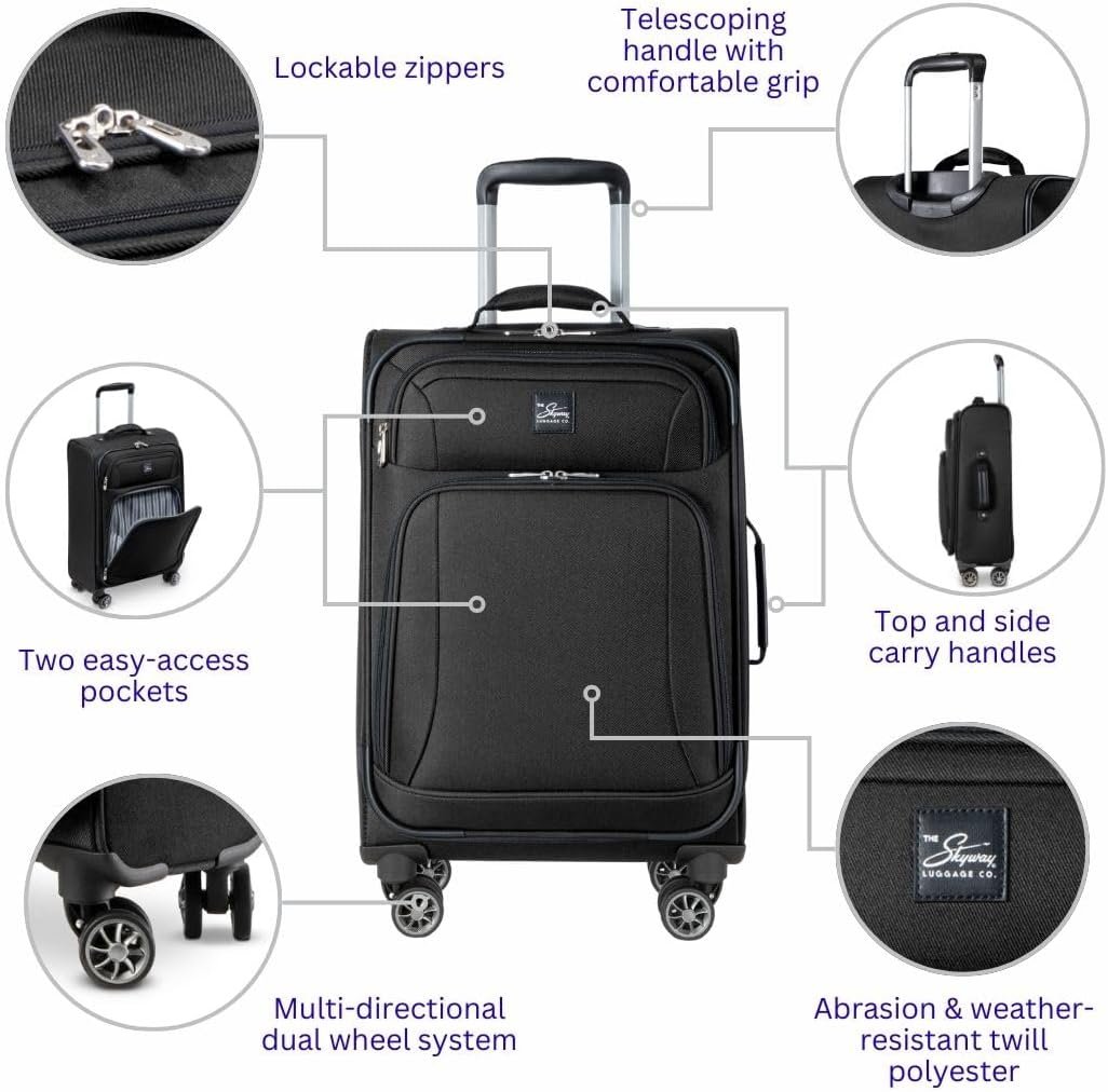 Skyway Epic Softside Carry-On Luggage - Lightweight Suitcase with Wheels for Travel | TSA Approved Carry-On Bag | Spinner Suitcase | Carry-On Luggage with Telescoping Handle, 20 inch, Black - Image 3