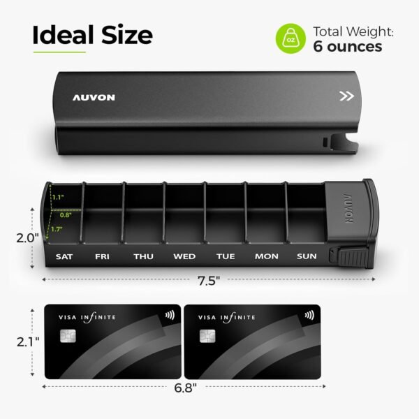 AUVON Metal Weekly Pill Organizer with Slide Design, Stylish Travel Pill Box 7 Day for Privacy Protection, Aluminum Alloy Pill Case with Large Compartment for Supplements, Fish Oil (Black) - Image 6