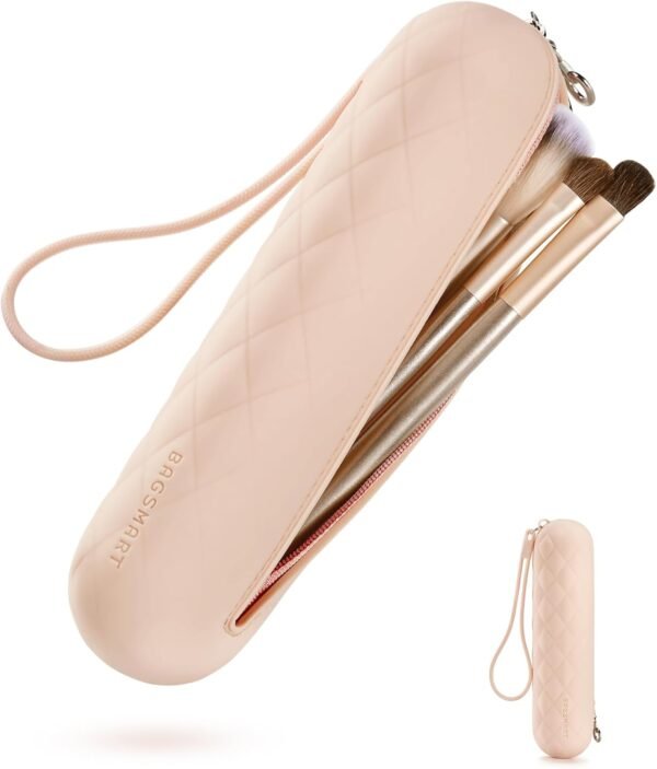 BAGSMART Makeup Brush Holder Bag, Travel Small Makeup Bag for Purse, Make Up Brush Bag Case Cosmetic Bag, Silicone Soft Portable Face Brushes Travel Essentials Organizer Holder, Light Khaki - Image 2