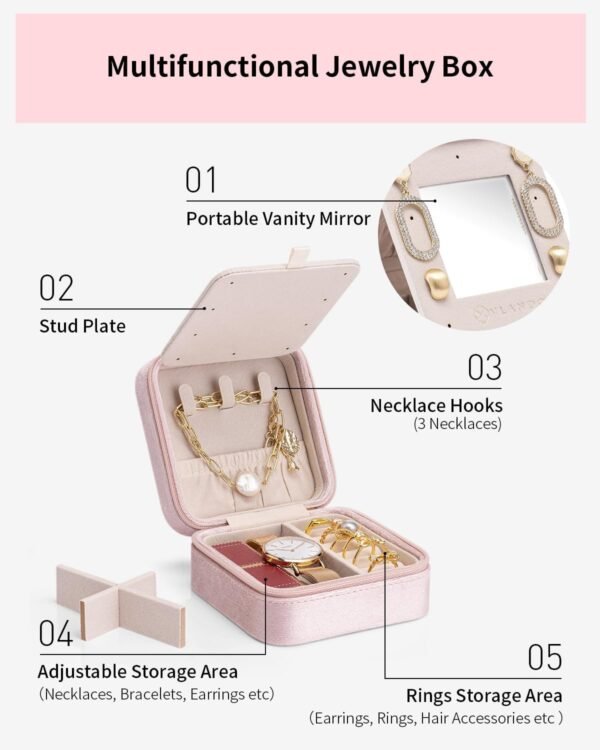 Vlando Velvet Travel Jewelry Case, Jewelry Travel Box for Women, Travel Jewelry Organizer, Small, Portable Jewelry Boxes with Mirror - Pink - Image 3