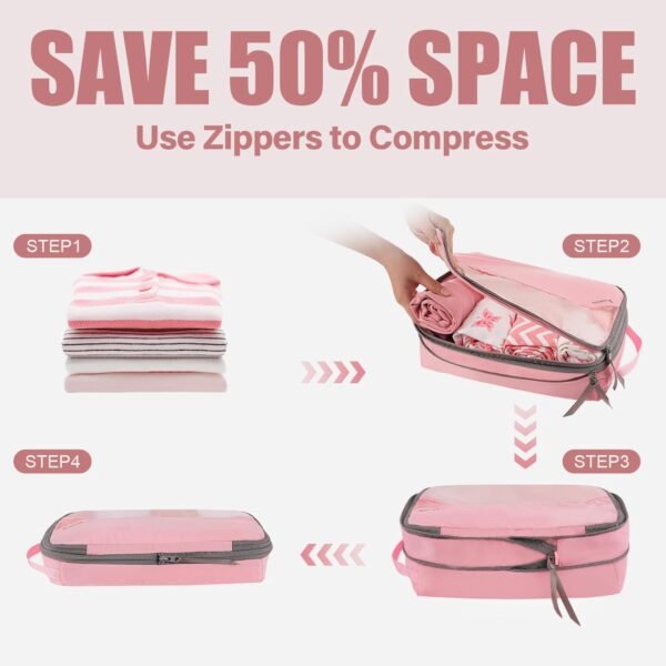 4 Set/6 Set Compression Packing Cubes for Travel, Lightweight Luggage Organizer Bags, Sturdy Travel Essentials for Suitcase Organizers, Pink - Image 5